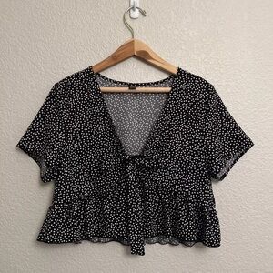 SHEIN cropped black tie up top with white polka dots size large